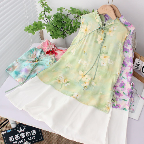 女童夏绵绸中式旗袍裙人造棉汉服
