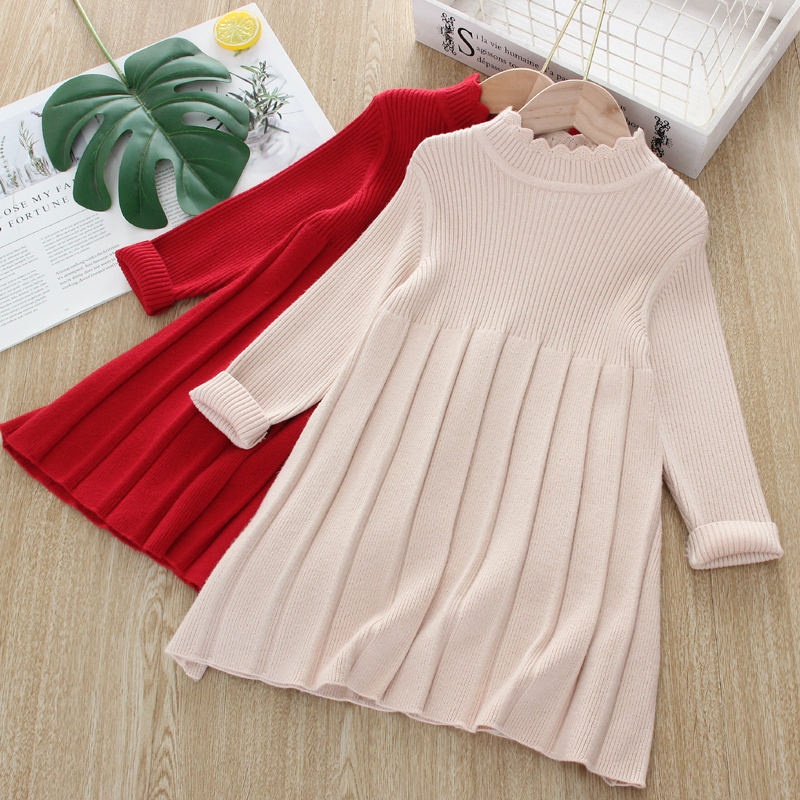 女童毛衣裙红色针织长袖连衣裙