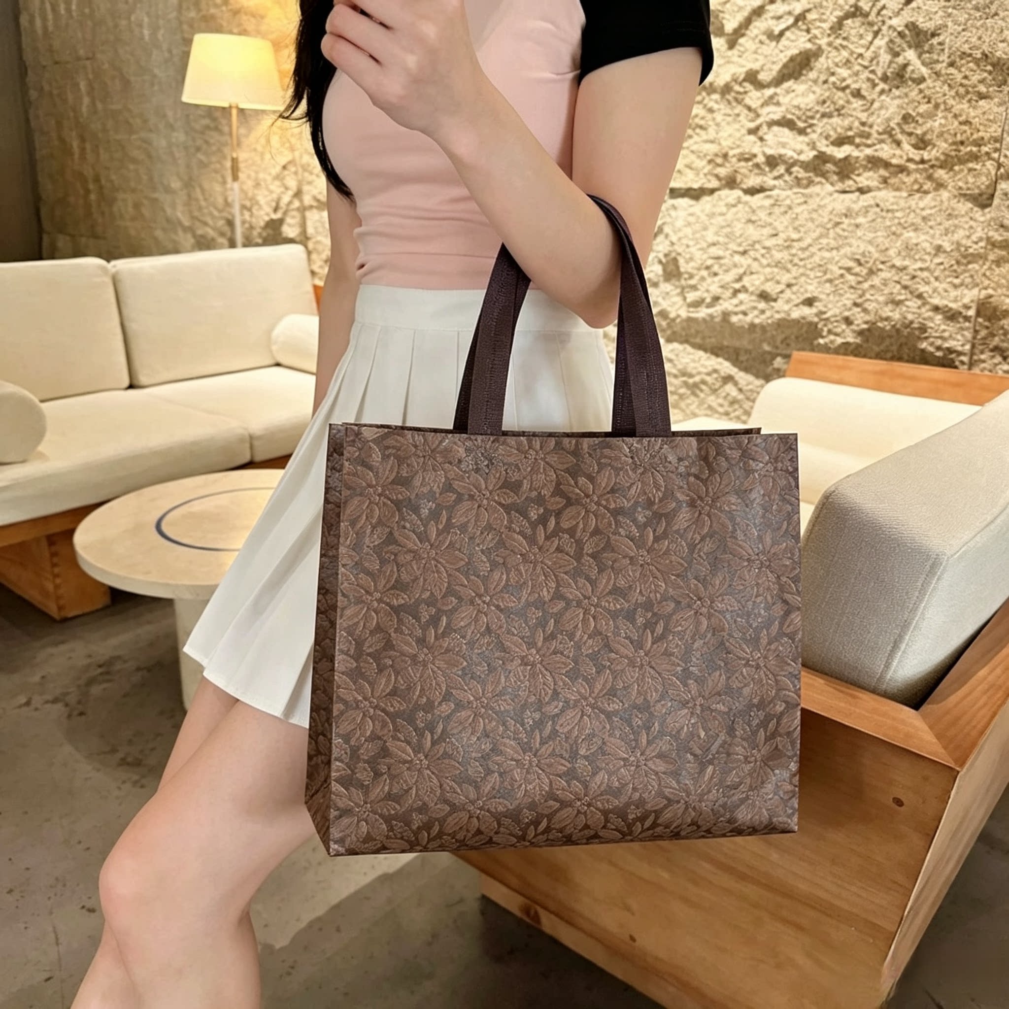 时尚压花服装店手提袋精美ins风高端礼品袋压纹植绒无纺布购物袋