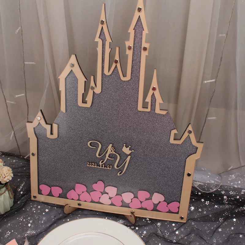 Gray Sand Gold Castle Creative Sign In Board Customized Wedding Signature Photo Frame Christmas Gift Wooden Chip Blessing Wishes