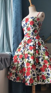 360度超大摆收腰吊带裙花朵连衣裙 小批量手工自制