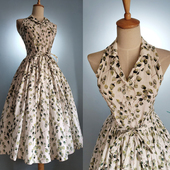 有口袋全棉挖肩西装 领收腰带360度大摆伞裙碎花连衣裙全棉