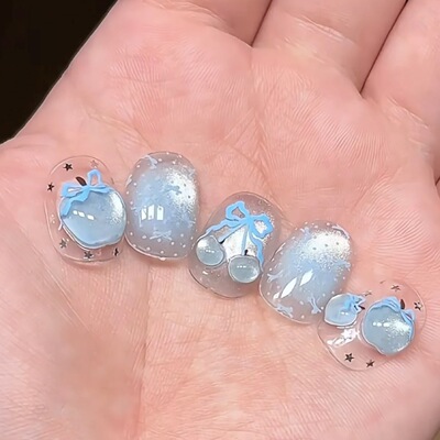 蓝色猫眼苹果蝴蝶结穿戴甲ins韩系少女美甲贴片可爱短款童趣立体