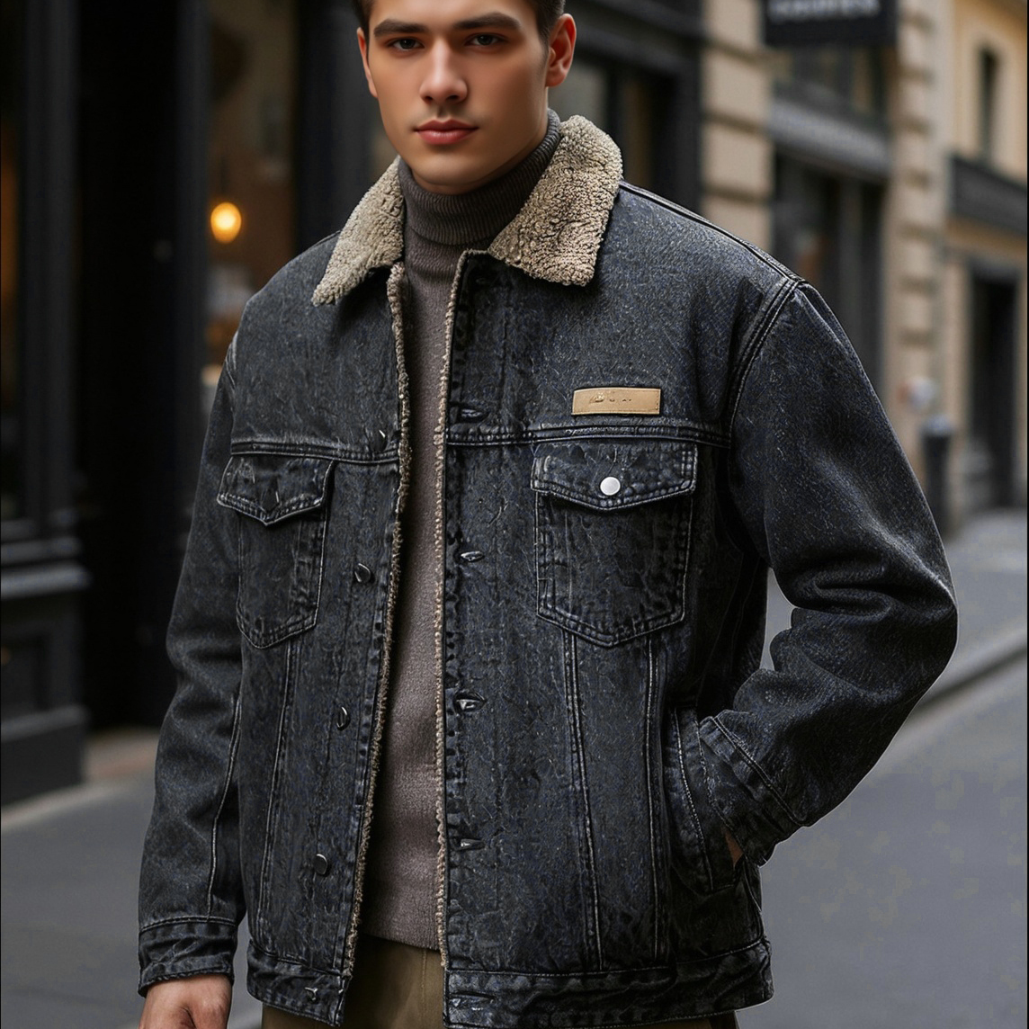 冬季加绒加厚牛仔外套男装潮牌复古宽松大码仿羊羔绒保暖棉服夹克
