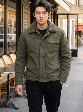 羊羔绒户外男装加绒加厚棉衣外套秋冬翻领工装夹克男外穿大码棉服