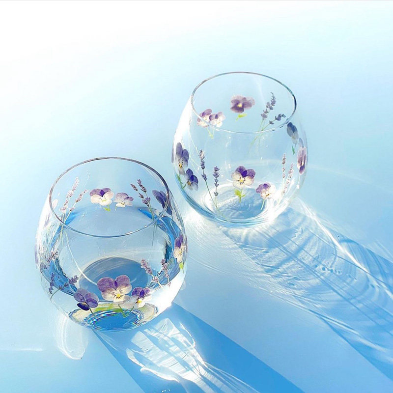 日本制进口东洋佐佐木hanafumi花文不倒翁玻璃对杯含羞草三色堇