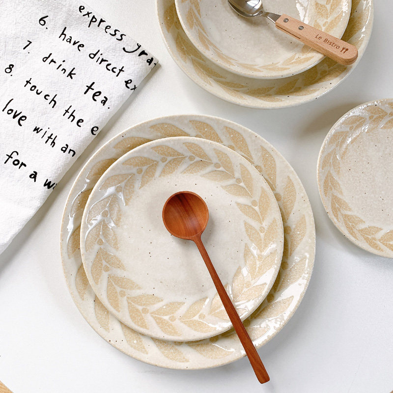 日本进口美浓烧釉下彩粗陶麦穗陶瓷餐盘菜盘月桂叶点心碟咖喱深盘