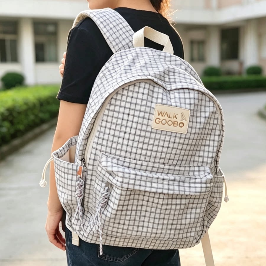 哥步黑白格子70%棉水洗双肩包