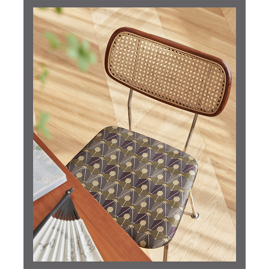 北欧复古网红柚木实木软包餐椅金属藤编餐桌家用靠背餐厅艺术