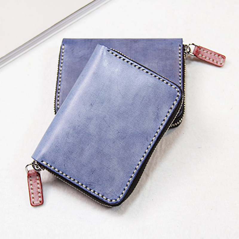 慢工  擦蜡头层牛皮竖短款拉链撞色款个性原创设计手工钱包