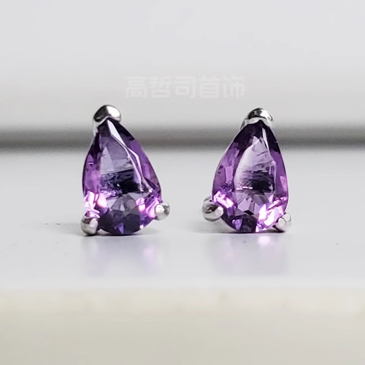 天然紫水晶4*6毫米迷你纯银耳钉