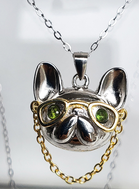 天然绿色碧玺宝石眼睛 酷炫帅气斗牛犬 S925纯银双色电镀狗狗项链