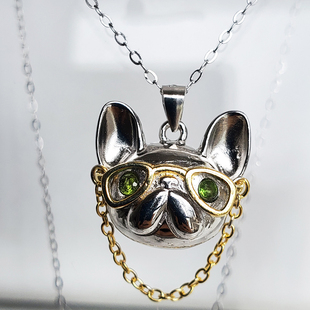 天然绿色碧玺宝石眼睛 酷炫帅气斗牛犬 S925纯银双色电镀狗狗项链
