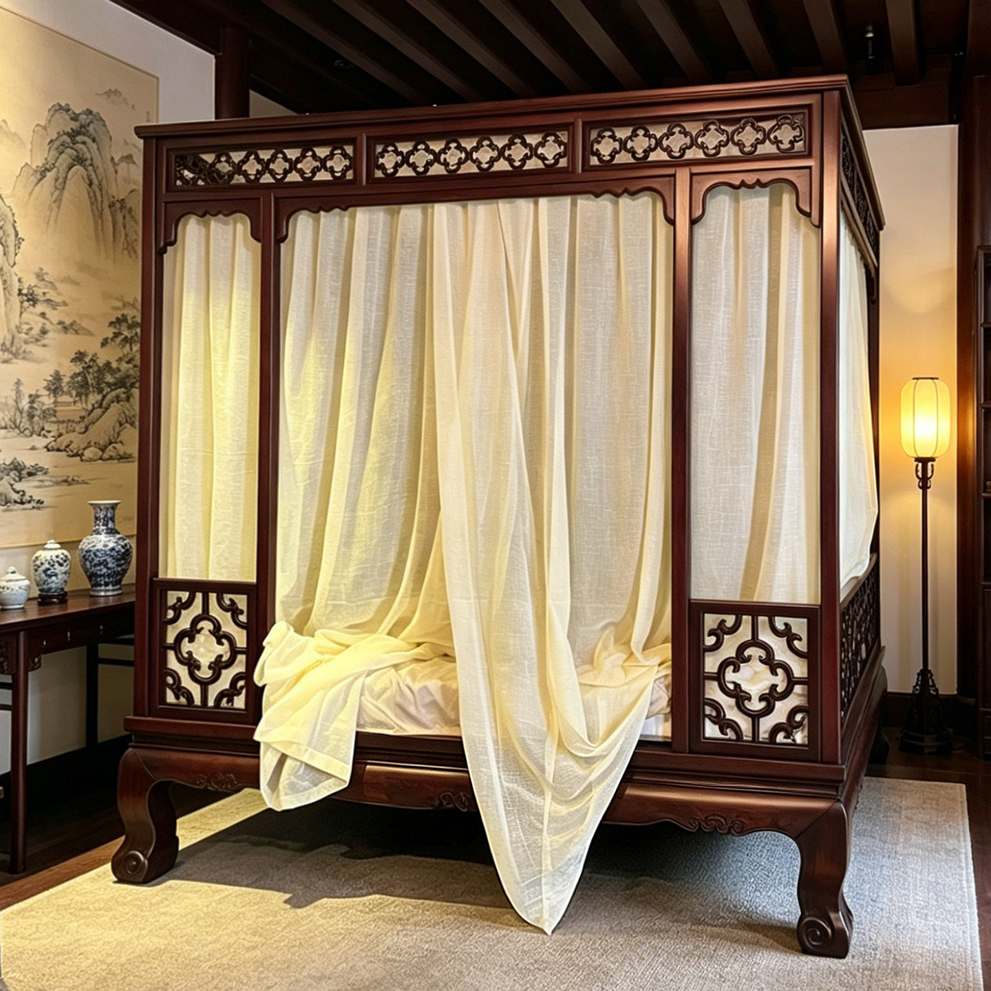 褶皱纱帐中式宋氏美学明清仿古双月洞床花梨木古典结婚蚊帐床幔纱