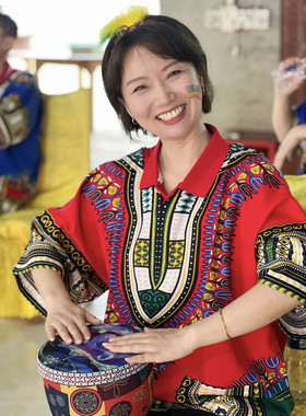 非洲手鼓鼓演出服泰国民族服装傣族风情男士女士短袖上衣花T恤