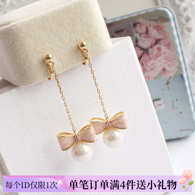 韩版清新甜美简约长款母贝画油立体蝴蝶结贝壳珍珠耳坠无耳洞耳夹