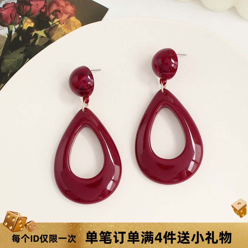 80年代大气酒红色镂空水滴大耳环港风美人复古法式宫廷耳夹耳饰女