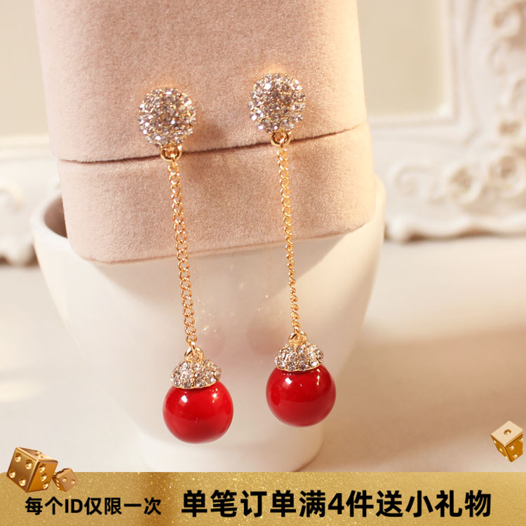 韩国满钻红色长链珍珠新年耳坠