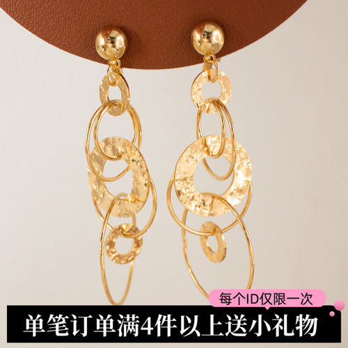复古金色几何圆环长款流苏耳环