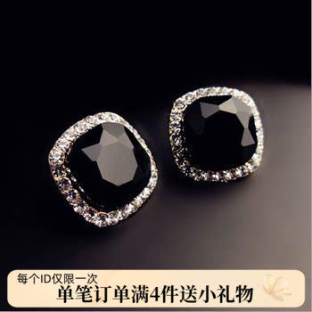 韩国百搭气质款OL超闪镶钻黑色方形黑水晶宝石耳夹无耳洞耳钉女