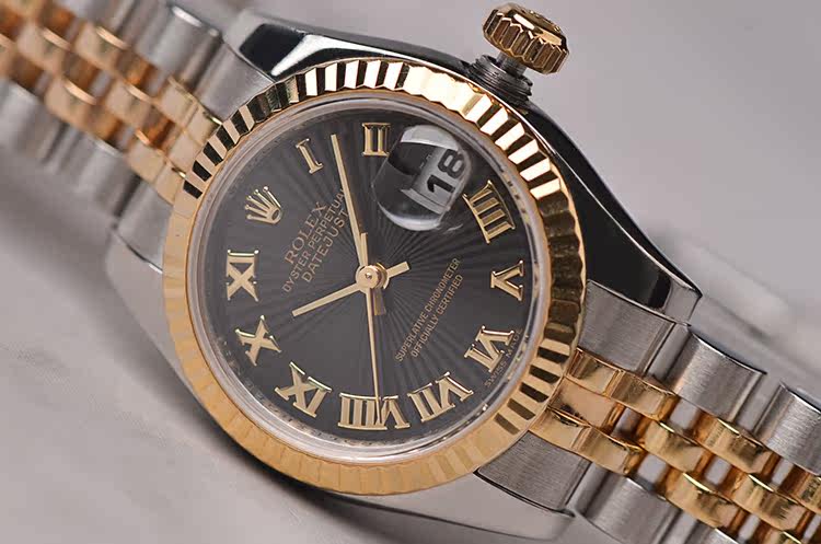 已售出【97新】劳力士女装日志型黄金及钢黑色放射纹面自动女表179173