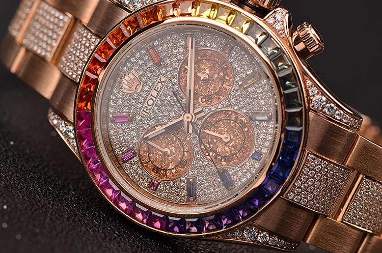 已售出【98新】劳力士迪通拿整体玫瑰金镶钻彩虹圈计时男表116505盒证齐