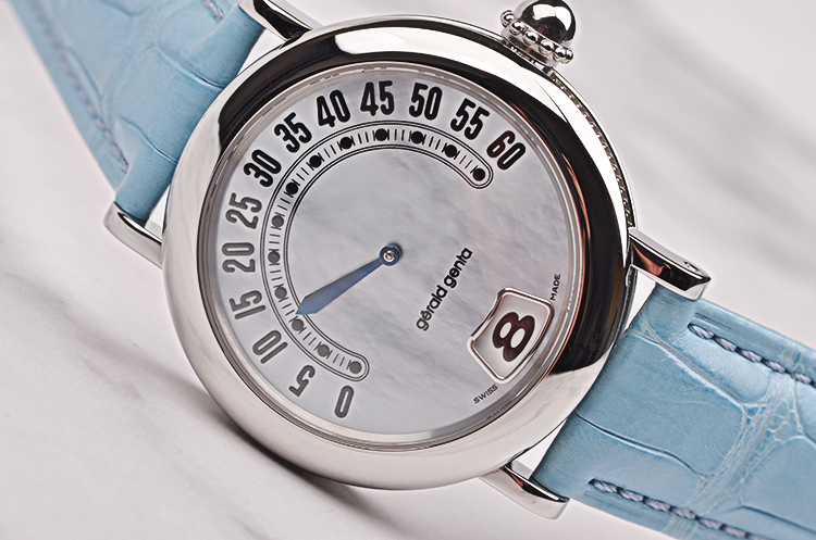 已售出【97新】尊达七彩贝母盘分针逆跳自动机械皮带女表G.3634.7