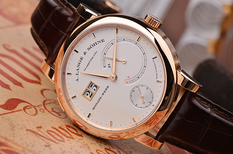 已售出【98新】朗格玫瑰金动显大日历31天月动力手上链皮带男表130.032