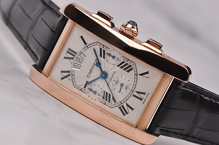 已售出【97新】卡地亚美国坦克玫瑰金计时日历自动折叠扣男表W2610751