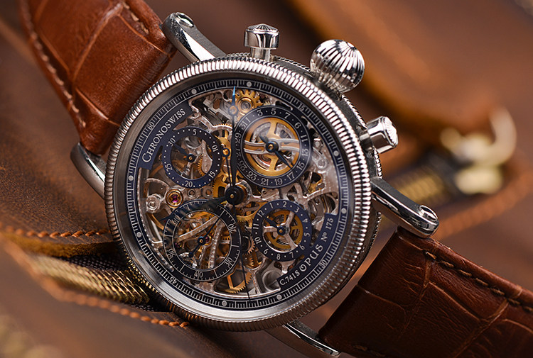 已售出【98新】瑞宝CHRONOSWISS全镂空计时日历自动皮带男表CH7523S-BL