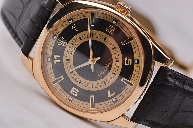 已售出【97新】劳力士切利尼黄金超薄两针手上链折叠扣皮带男表4243有卡