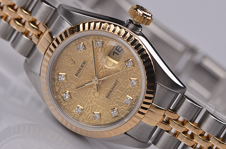 【97新】劳力士女装日志型黄金及钢金色电脑面刻度钻女表79173