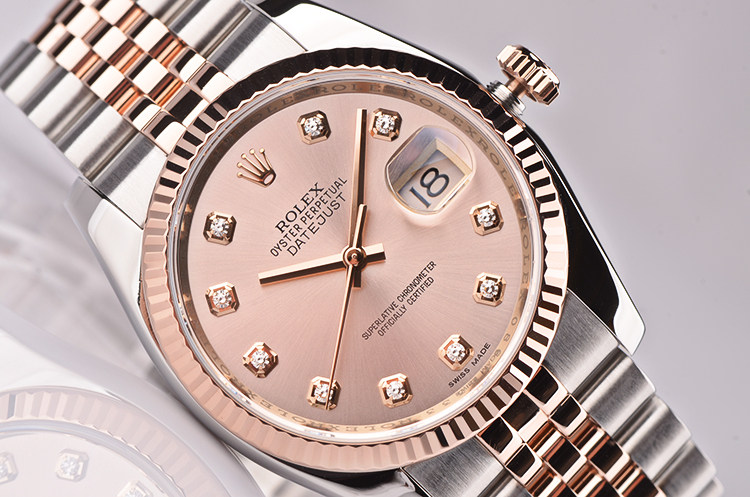 已售出【97新】劳力士日志型玫瑰金及钢粉面刻度钻自动机械男表116231