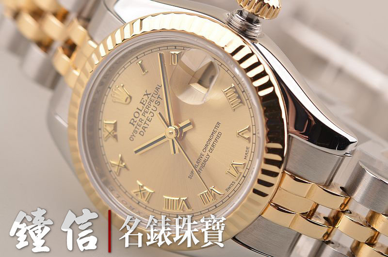 已售出【97新】劳力士日志型黄金及钢自动机械日历大三针女表179173