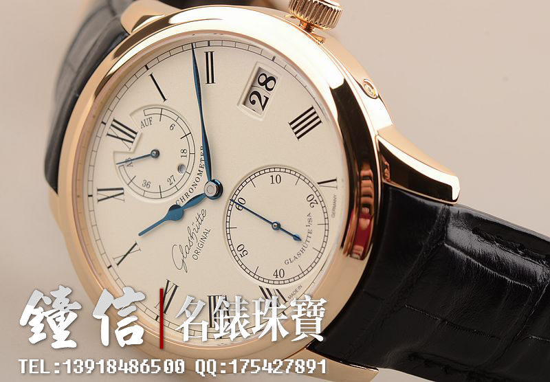 已售出【97新】格拉苏蒂玫瑰金天文台动显大日历手上链58-01-01-01-04