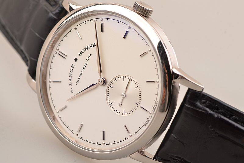 已售出【97新】朗格萨克森白金小三针37MM手上链皮带男表216.026