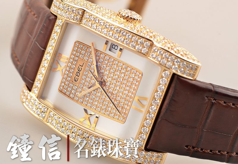 已售出【97新】EBEL玉宝黄金珍珠贝母镶钻自动机械皮带腕表