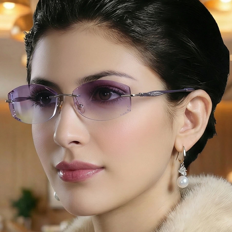 私人订制 韩国切边 镶钻 女士无框 渐变色近视眼镜 全套S1002