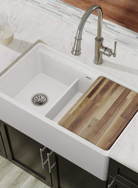 33寸Fireclay现代农舍陶瓷水槽耐火土厨房洗菜盆围裙前洗碗池双盆