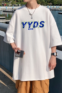T3299P25男士港风T恤落肩款宽松T恤YYDS印花男T中性风印花T恤男士图片