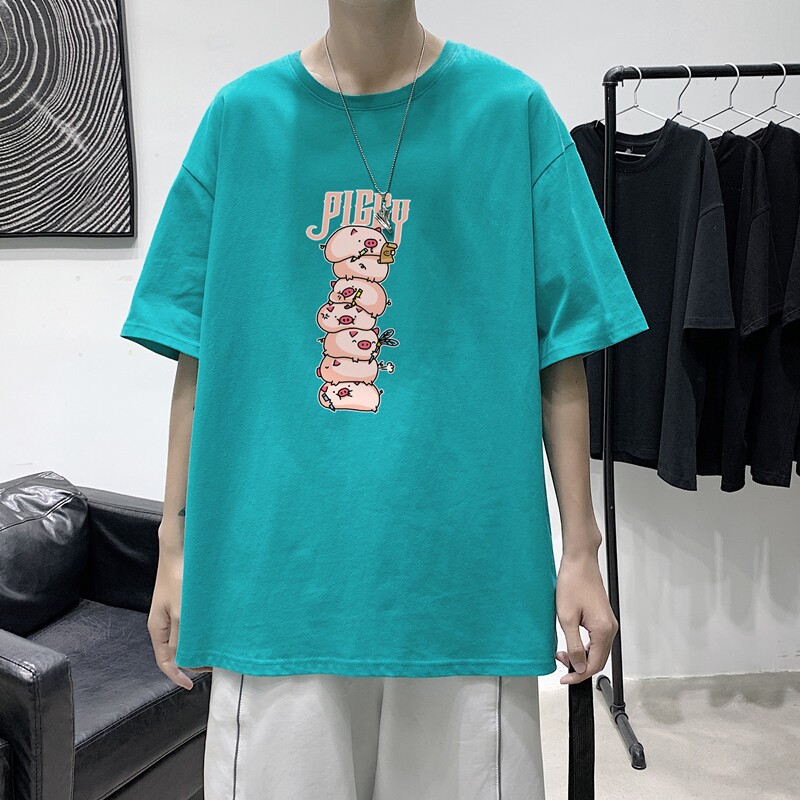T1763P25港风100%棉2022新款短袖T恤男长条小猪印花青春休闲T恤,男装T恤,星座510A-1