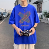 T3671已爆男港风T恤落肩款宽松T恤克莱因蓝T圆领卡通印花T恤，男装T恤，星座510A-1