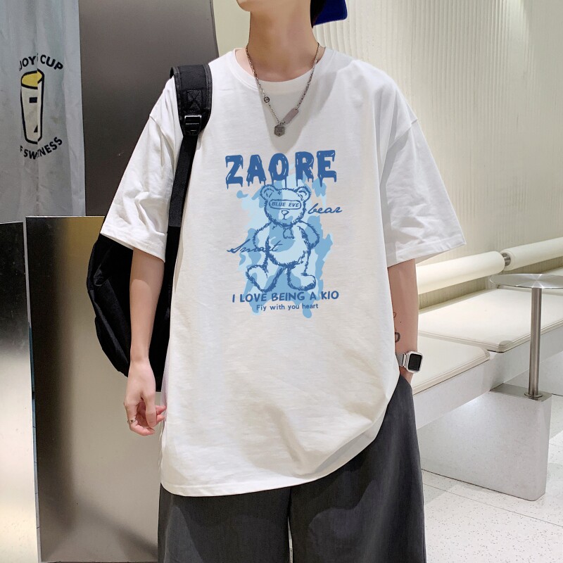 T3588P25已爆 男港风T恤落肩款宽松T恤克莱因蓝T圆领卡通印花T恤图片