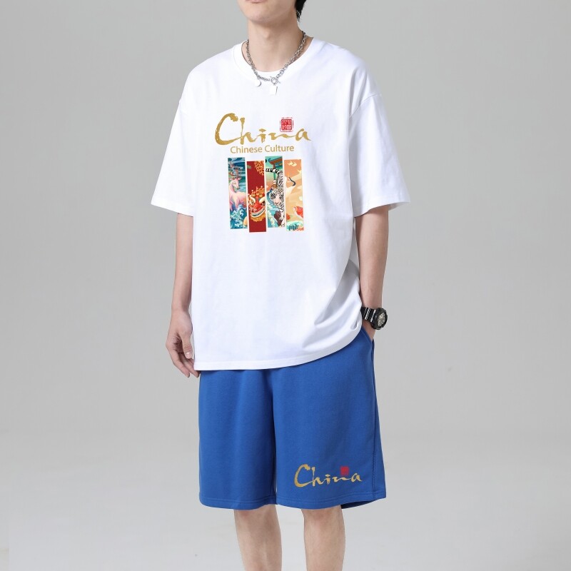 TZ3887轻奢时尚感男士短袖t恤男夏季薄款潮牌短裤休闲运动套装,男装休闲套装,星座510A-1