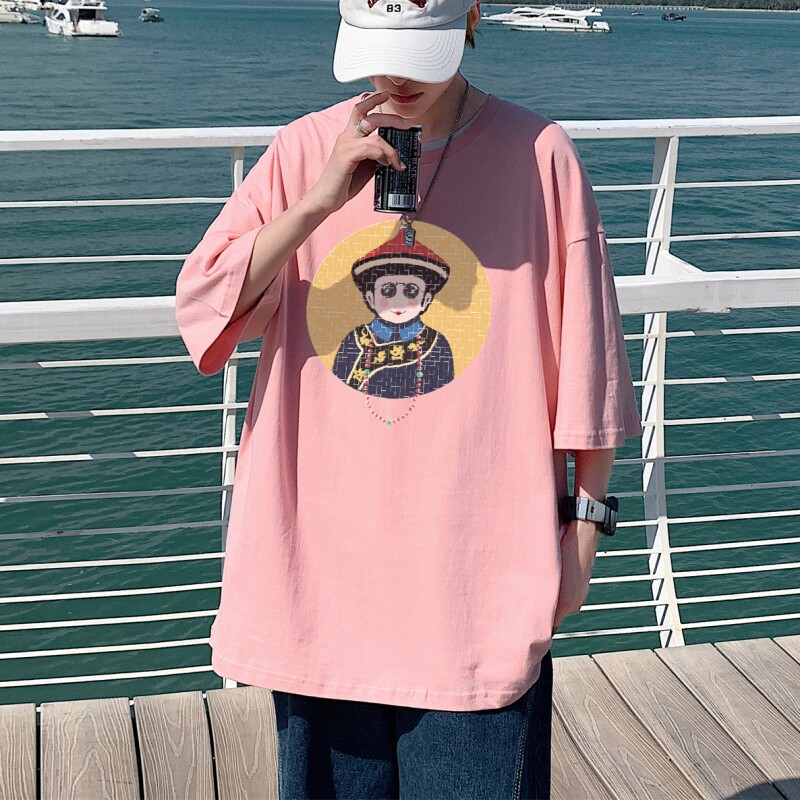 T3675已爆男港风T恤落肩款宽松T恤克莱因蓝T圆领卡通印花T恤,男装T恤,星座510A-1
