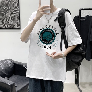 T1759P25 港风100%棉2022新款短袖T恤男字母印花青春休闲T恤图片