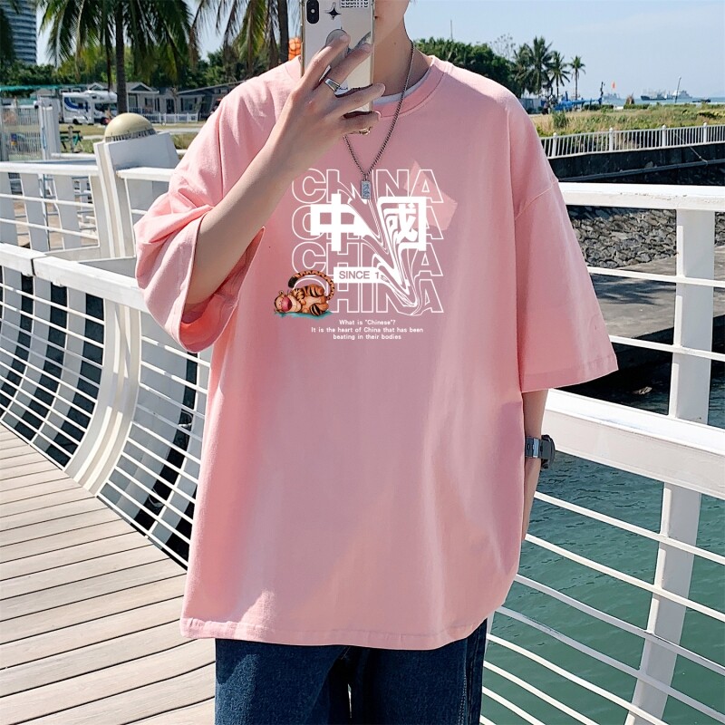 T3302P25中性风印花T恤男士男士港风T恤落肩款宽松T恤克莱因蓝男T图片