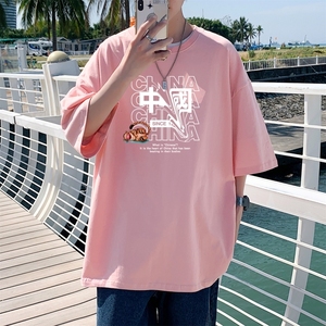 T3302P25中性风印花T恤男士男士港风T恤落肩款宽松T恤克莱因蓝男T图片