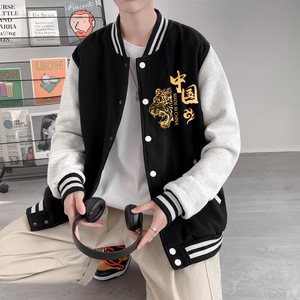 BQ3224P75港风潮牌休闲宽松夹克男潮虎头潮款印花棒球服外套男,米露黑色短裤怎么搭配图片