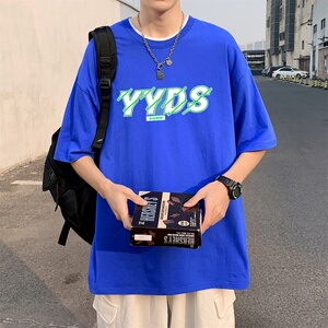 T3299P25男士港风T恤克莱因蓝男T永远的神字母印花T落肩款宽松T恤图片